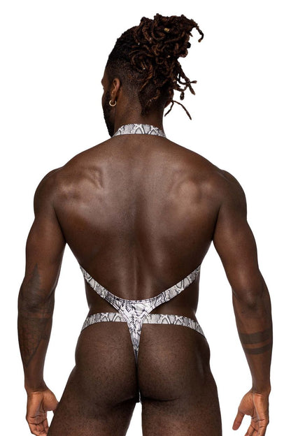 Male power 404-282 s-naked shoulder sling harness thong in silver-black snake print showing the back side