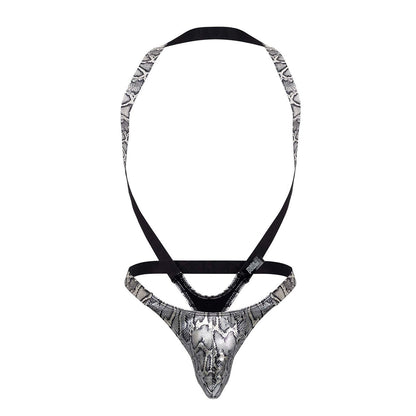 Male power silver and black snake-print men’s thong with adjustable straps and s-naked shoulder sling harness design