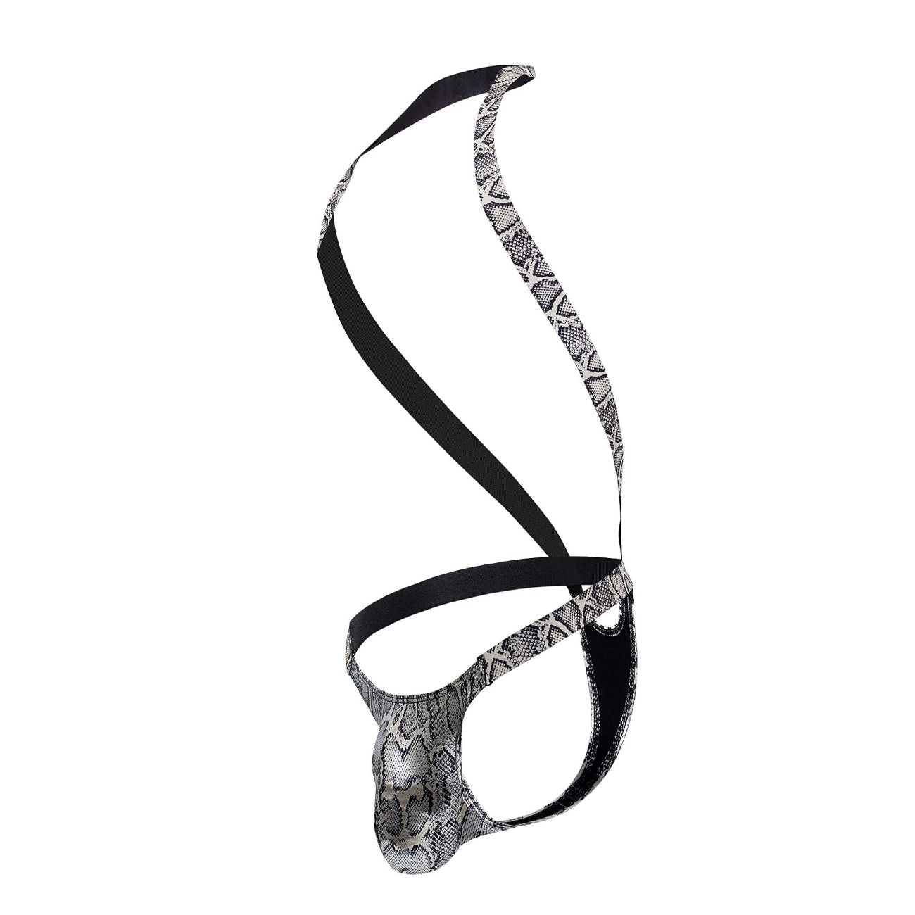 Male power 404-282 s-naked shoulder sling harness thong in silver-black with black and silver snake-print design and sleek fit