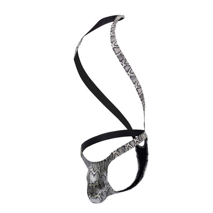 Male power 404-282 s-naked shoulder sling harness thong in silver-black with black and silver snake-print design and sleek fit