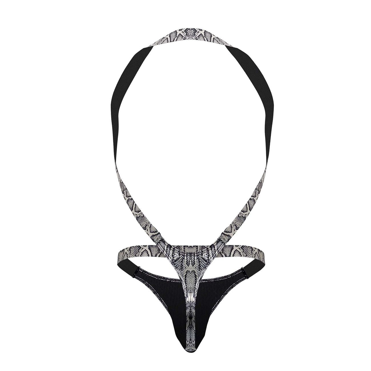Male power 404-282 s-naked shoulder sling harness thong in black and silver snake-print with back strap design view