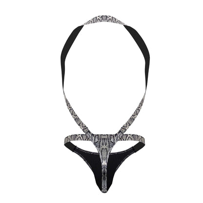 Male power 404-282 s-naked shoulder sling harness thong in black and silver snake-print with back strap design view