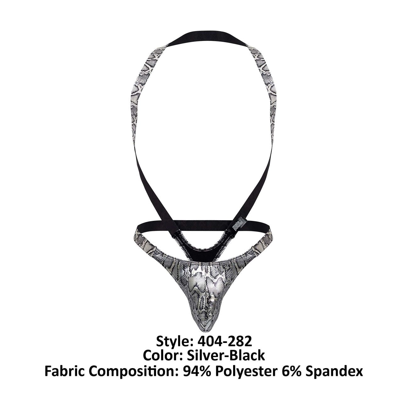Male power silver-black snake-print briefs with black elastic straps part of s-naked shoulder sling harness thong set