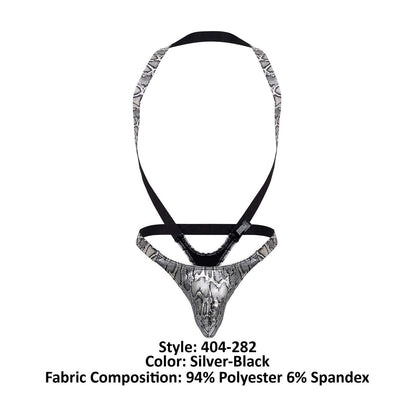 Male power silver-black snake-print briefs with black elastic straps part of s-naked shoulder sling harness thong set
