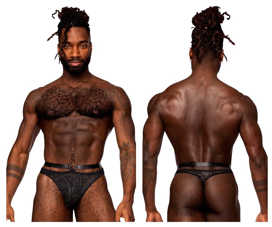 Male power 415-284 rude awakening strap thong in black with textured geometric pattern and matching belt
