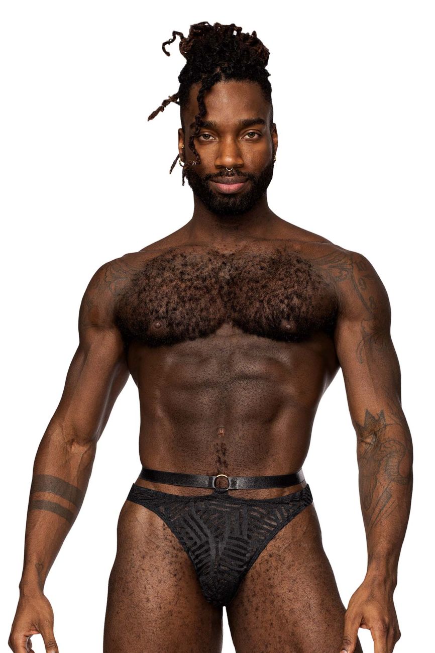 Male power 415-284 rude awakening strap thong in black with black patterned briefs and a black belt with silver buckle