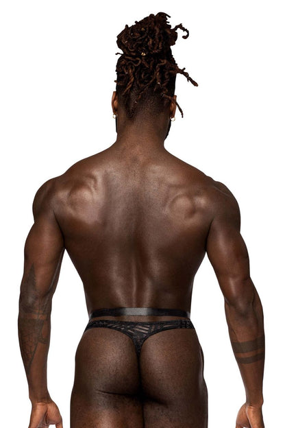 Male power 415-284 rude awakening strap thong in black lace with a sleek minimalist design shown from the back side