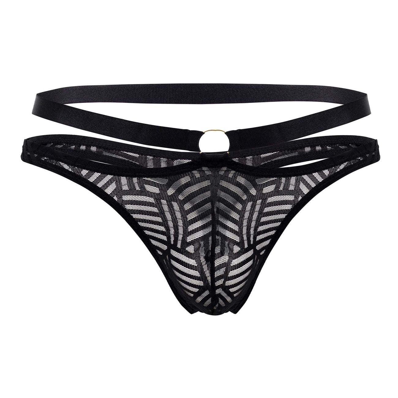 Black lace thong with geometric pattern and satin waistband from male power 415-284 rude awakening strap thong black
