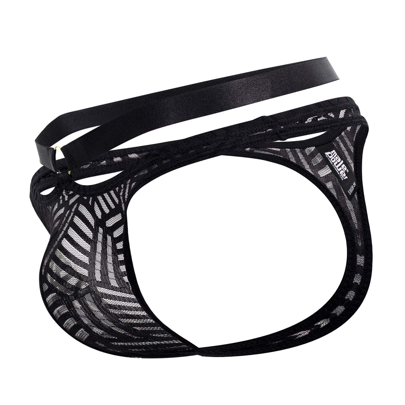 Black male power 415-284 rude awakening strap thong briefs with mesh fabric and satin-like waistband front view