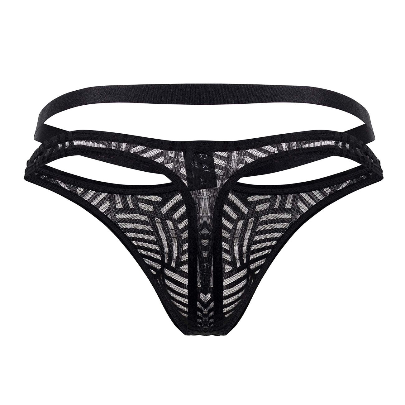 Male power 415-284 rude awakening strap thong in black lace with geometric pattern and multiple elastic straps back view