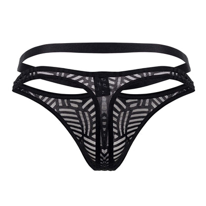 Male power 415-284 rude awakening strap thong in black lace with geometric pattern and multiple elastic straps back view