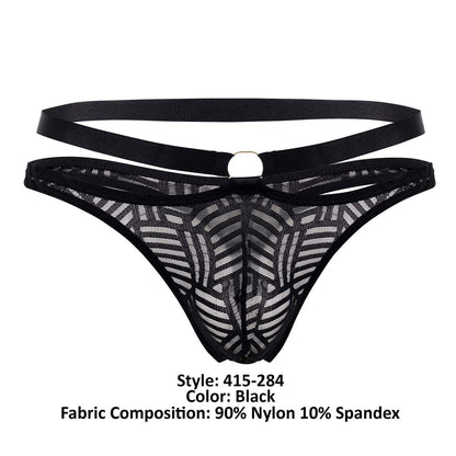 Black lace thong with geometric pattern and double strap design from male power 415-284 rude awakening strap thong