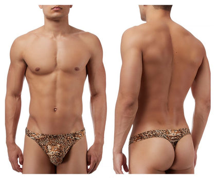 Leopard-print men’s briefs with ornate decorative design in brown from male power animal wonder thong collection