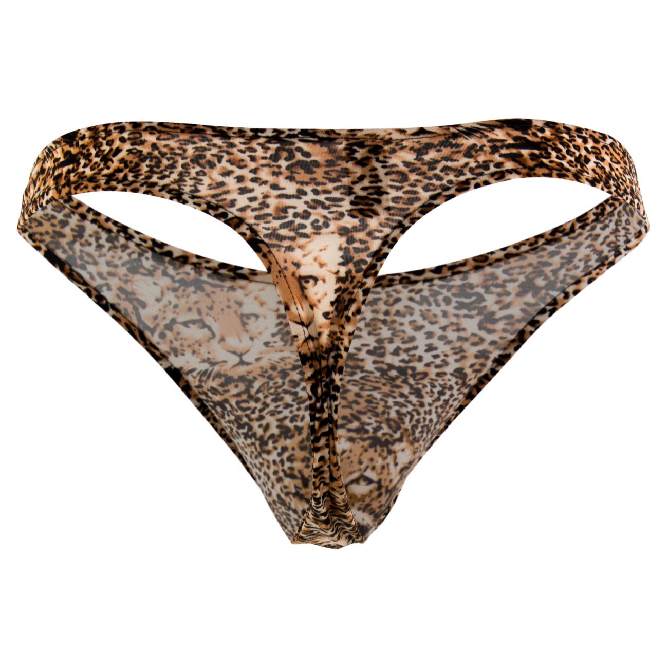 A brown sheer male power 444030 animal wonder thong with leopard print featuring a detailed cheetah face design