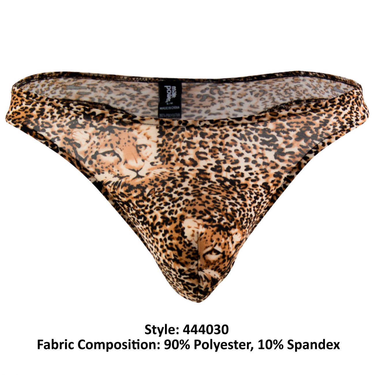 Male Power 444030 animal wonder thong in brown leopard print made of 90% polyester and 10% spandex