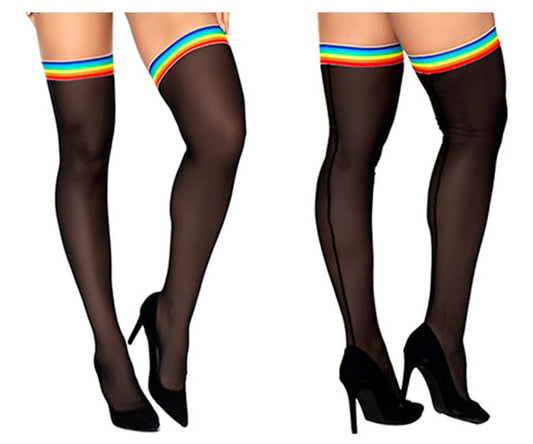 Mapale 1100 mesh black thigh high stockings with sheer material and rainbow-striped elastic band at the top