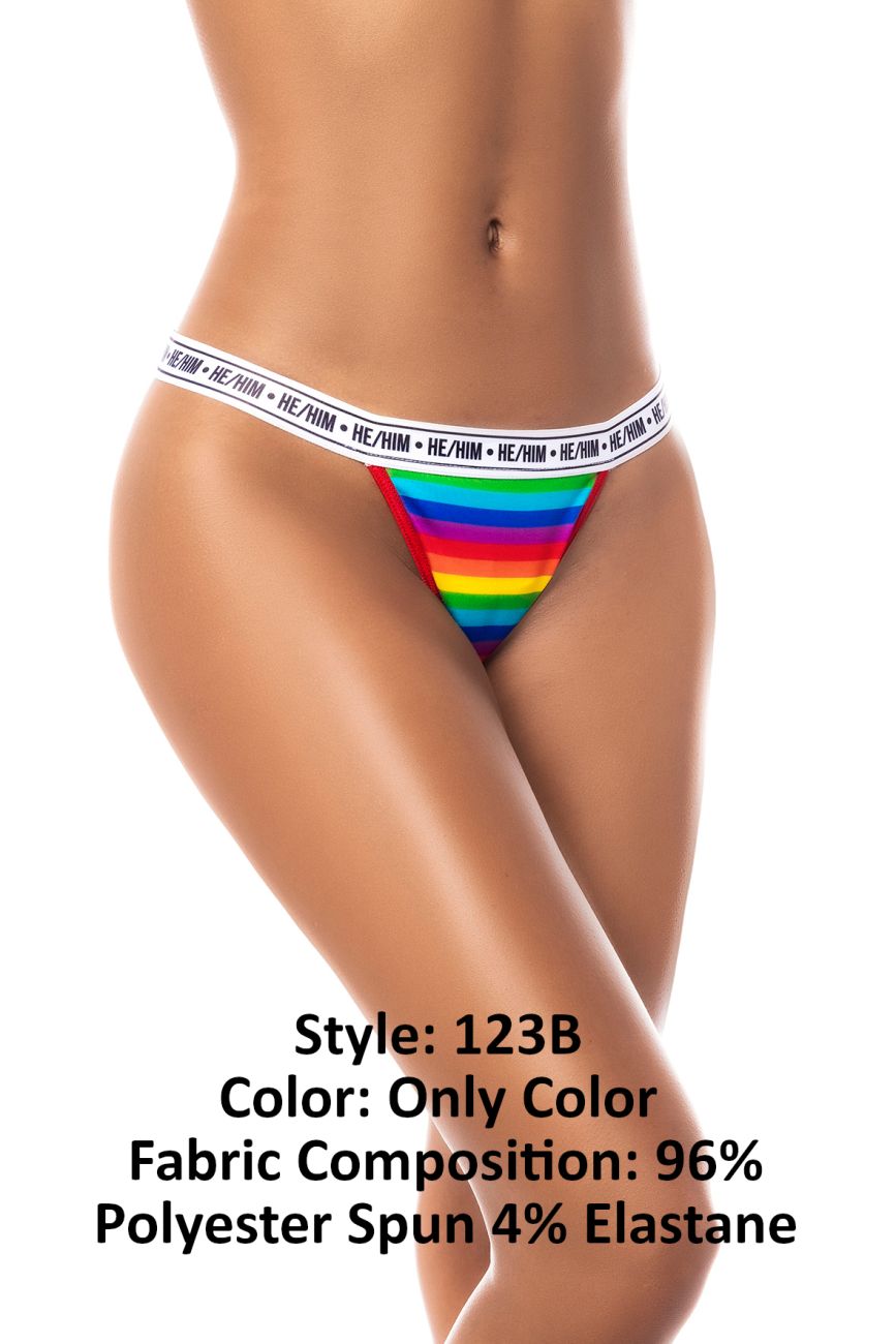 Rainbow-striped triangular Mapale 123B thong bikini bottom with white elastic he/him branded waistband
