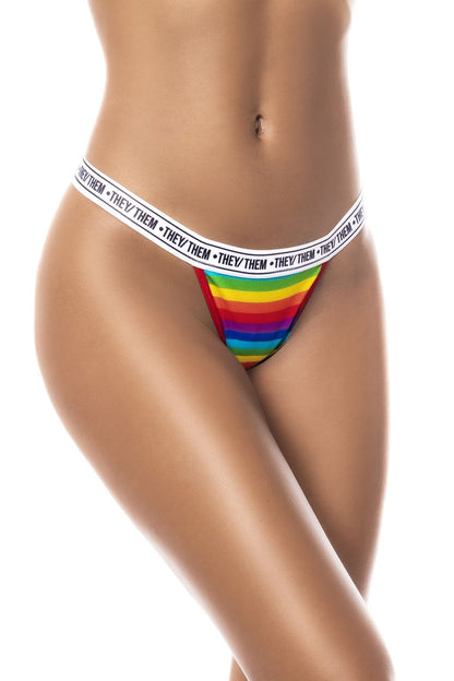 Mapale 123c rainbow thong color only color with rainbow stripes and white waistband featuring they them text