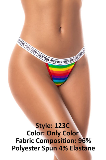 Rainbow-striped Mapale 123C thong with white elastic waistband featuring repeated they them logo on the edge