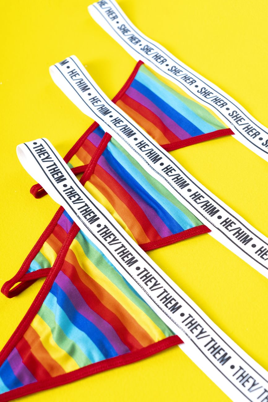 Mapale 123c rainbow thong with rainbow stripes red trim and white he him or she her printed waistband