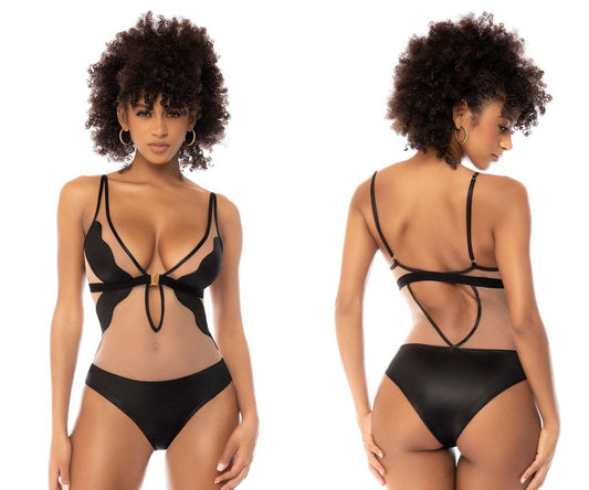 Mapale 2746 fleur bodysuit nude-black sheer mesh bikini top with gold bow and matching high-waisted briefs