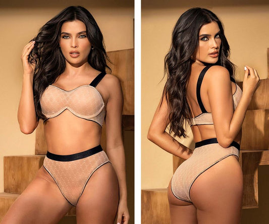 Beige lace bra and matching high-waisted briefs with black satin trim in Mapale 8779 two piece set nude-black