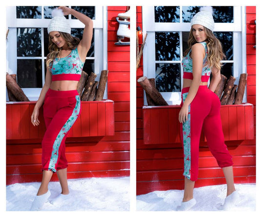 Ensemble pyjama deux pièces Mapale 7409. Haut et pantalon couleur rouge-menthe imprimé