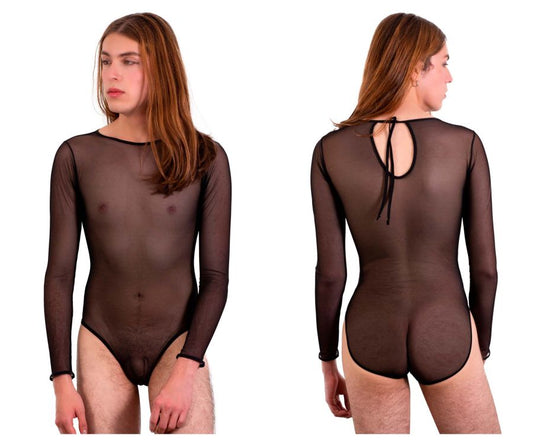 Black sheer long-sleeved PLURAL PL001 bodysuit with back tie detail shown from the back side
