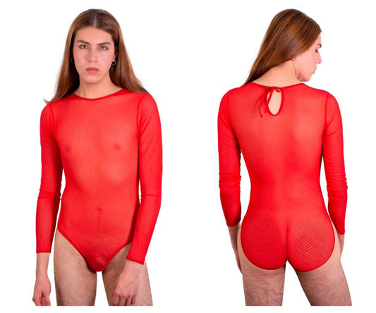 Red sheer long-sleeved bodysuit plural pl001 with textured paneling and back tie visible from the back side