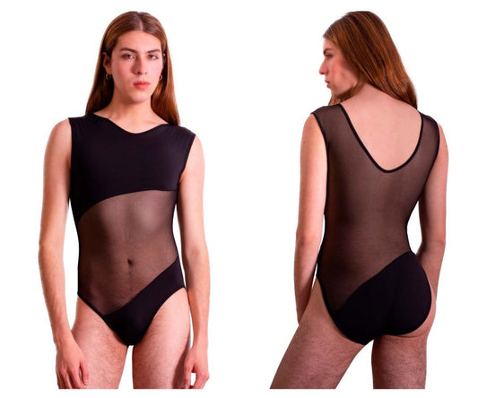 Black plural pl002 bodysuit one-piece leotard with sheer mesh panels and scoop neckline for stylish comfort