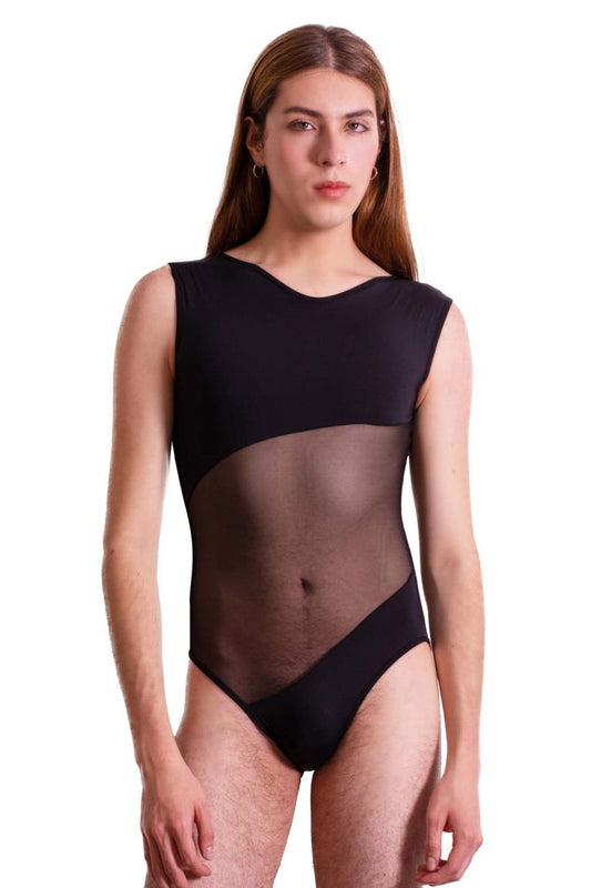 Black plural pl002 sleeveless bodysuit with sheer mesh torso panel showcasing a stylish modern design