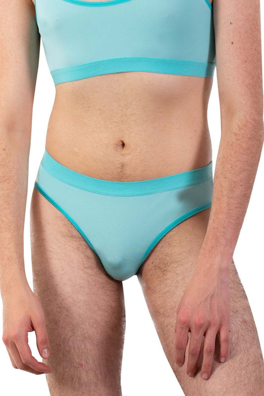 Light blue sheer mesh plural pl006 briefs with turquoise trim in mint green color front view