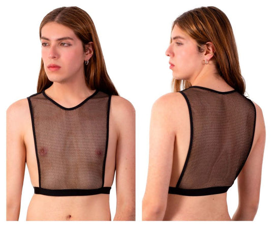Black mesh plural pl007 crop top with high neckline and back cutout showing the back side of the top