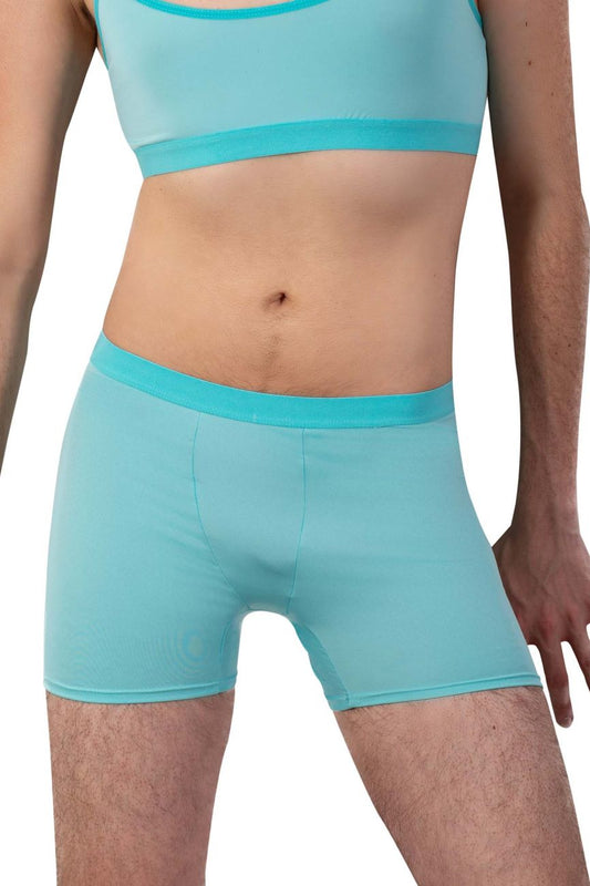 Turquoise seamless boxer briefs with matching waistband in mint green for comfortable everyday wear
