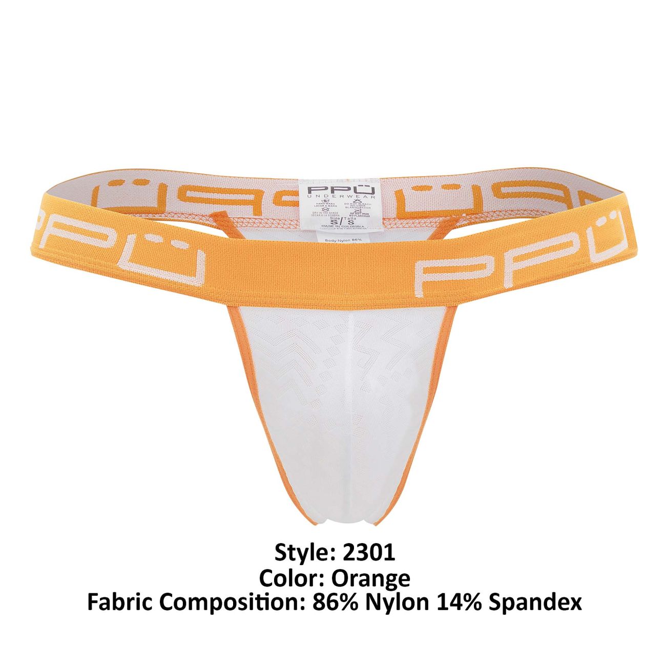 Orange and white ppu 2301 bulge thong with stretchy form-fitting design made of 86 nylon and 14 spandex