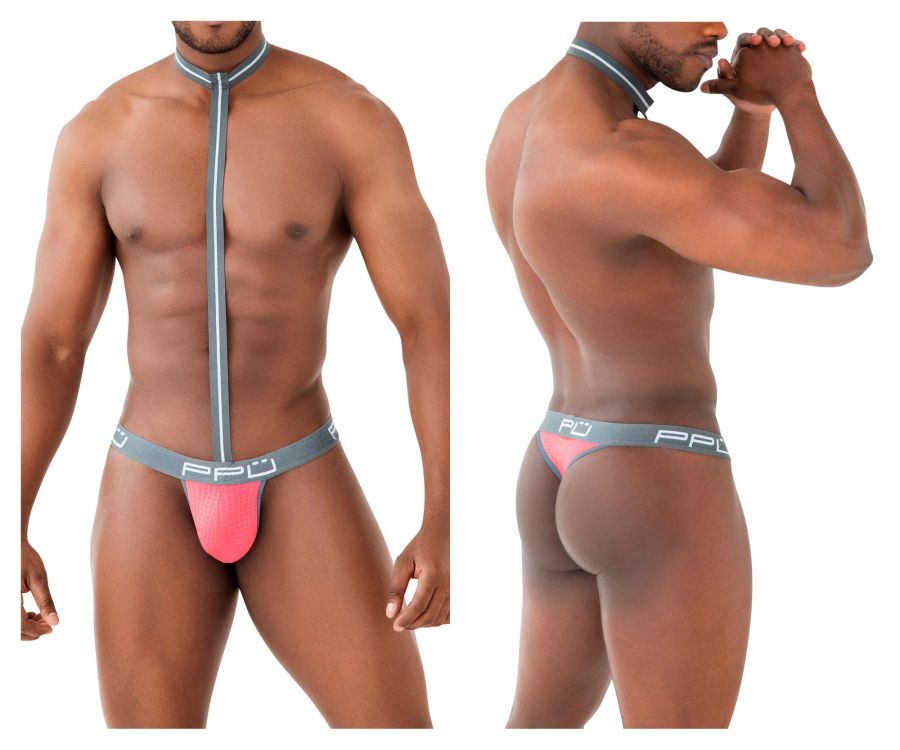 Ppu 2302 harness thong in pink and gray pfd material with coral color and central front zipper for men