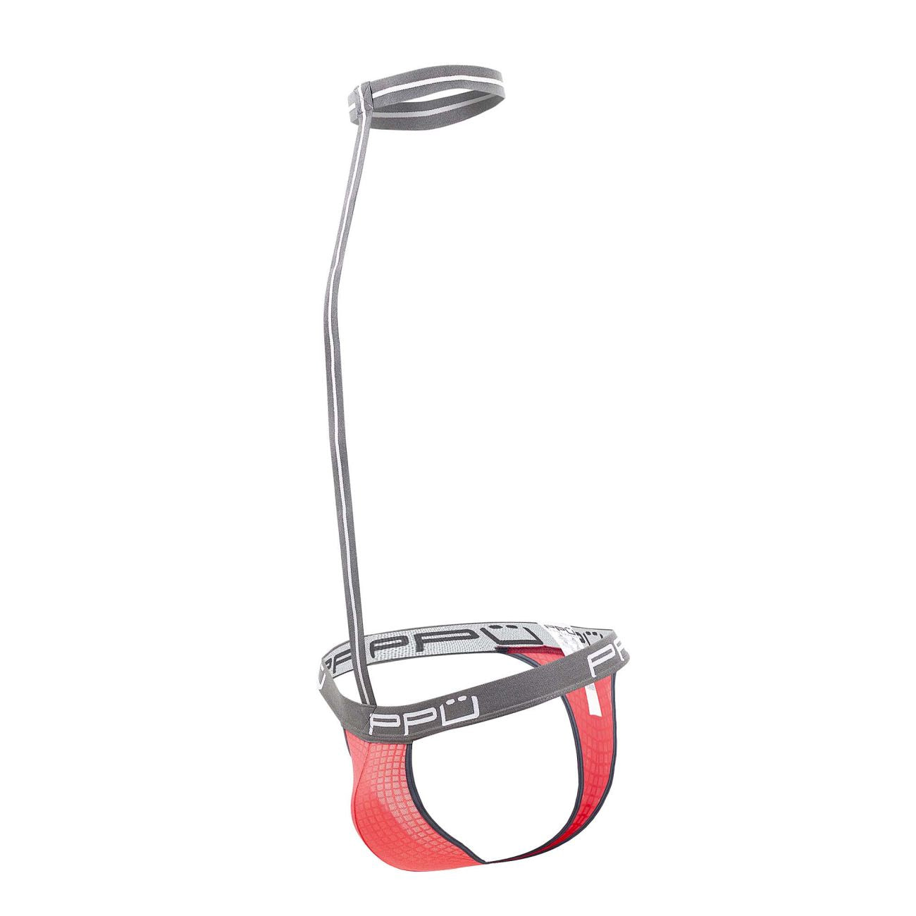 Ppu 2302 harness thongs coral color red and gray athletic briefs with mesh texture and elastic waistband
