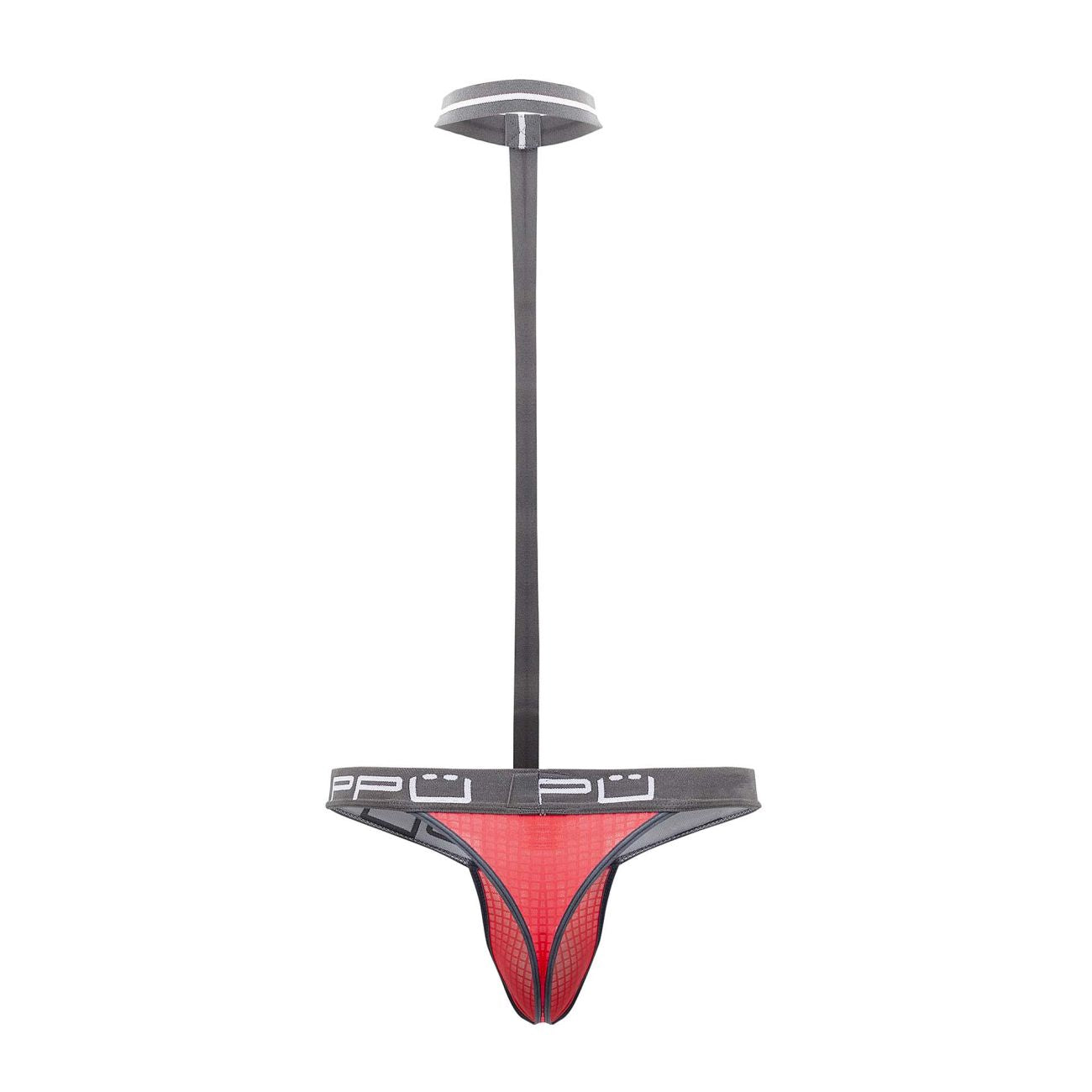 Coral red mesh thong with gray waistband and white ppu branding from ppu 2302 harness thongs collection