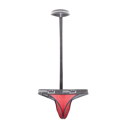 Coral red mesh thong with gray waistband and white ppu branding from ppu 2302 harness thongs collection
