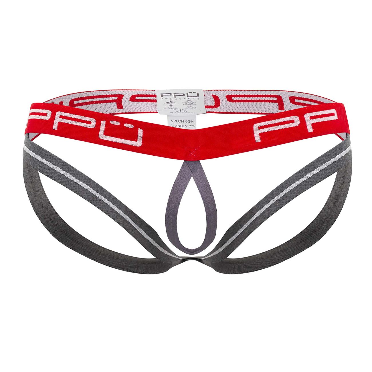 Red and gray ppu 2304 ball lifter jockstrap briefs with bold red waistband and white ppu lettering