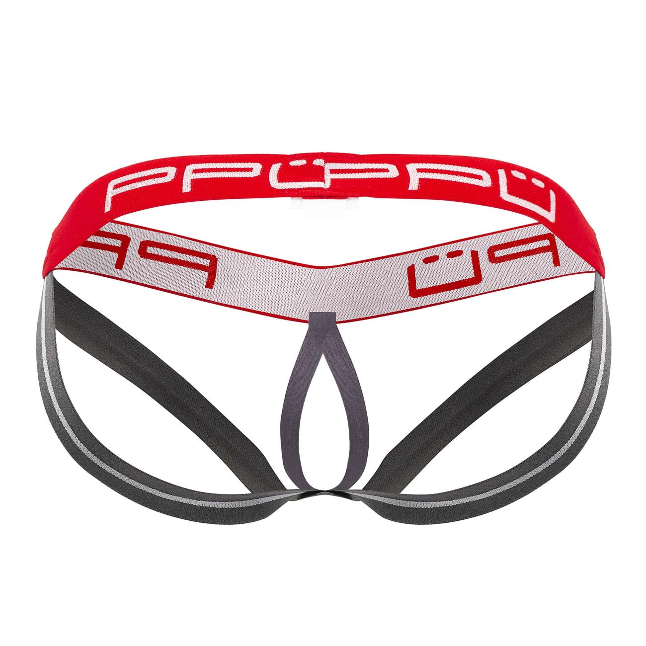 Red and gray ppu 2304 ball lifter jockstrap with bold stylized logo on waistband in men’s briefs design