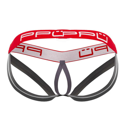 Red and gray ppu 2304 ball lifter jockstrap with bold stylized logo on waistband in men’s briefs design