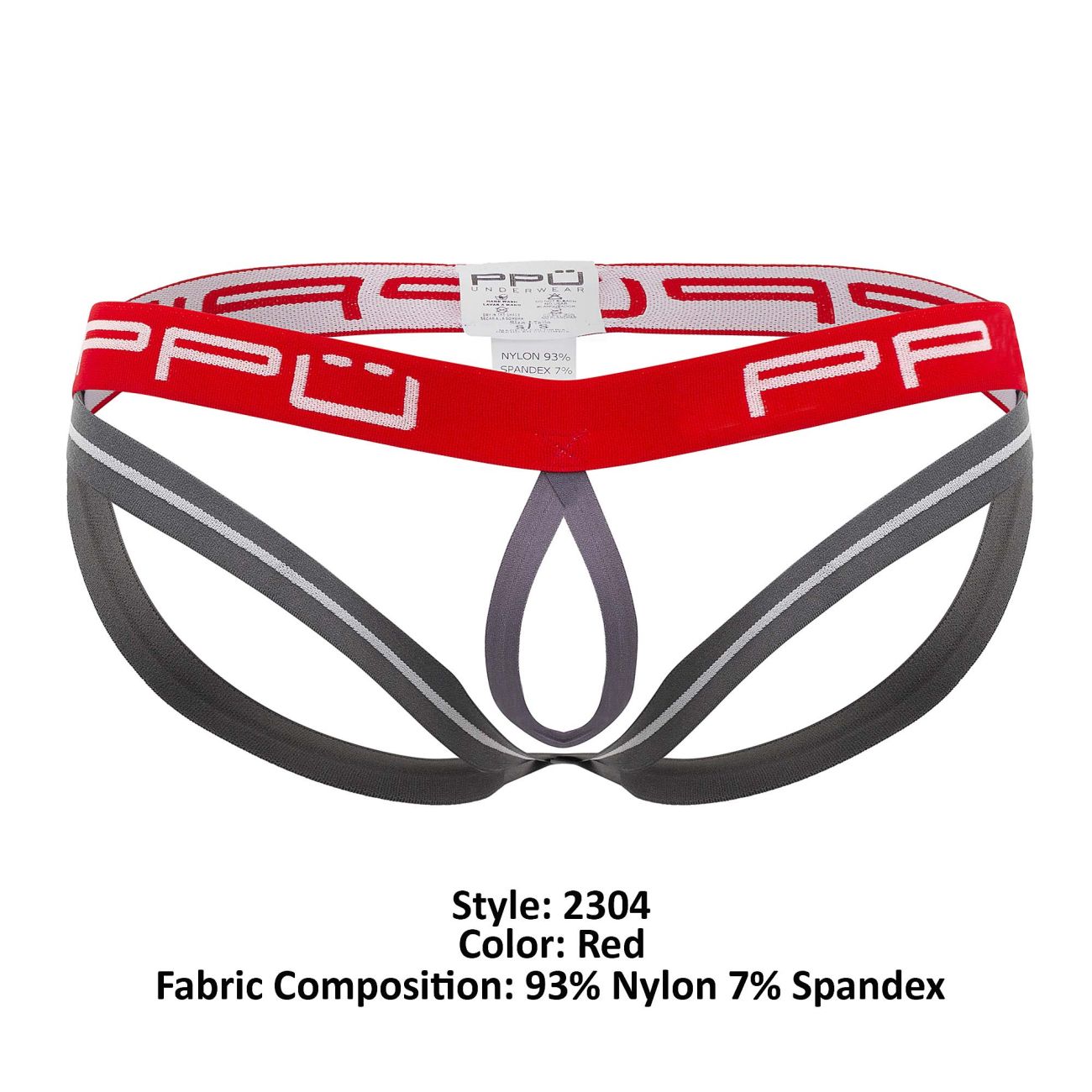 Red and gray athletic-style ball lifter jockstrap briefs with bold ppu logo on waistband in red color