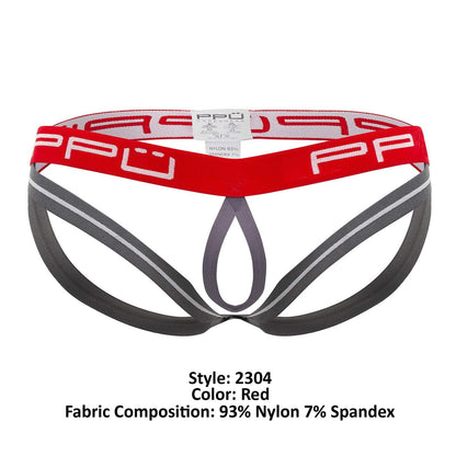 Red and gray athletic-style ball lifter jockstrap briefs with bold ppu logo on waistband in red color