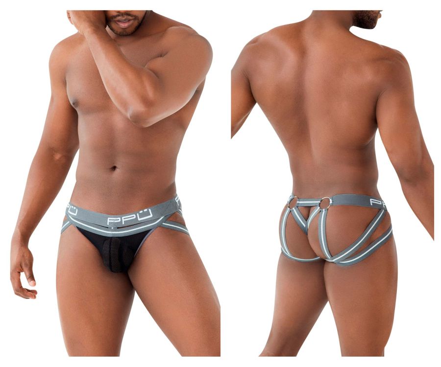Ppu 2305 mesh jockstrap in gray with black and gray briefs featuring a mesh front panel and elastic waistband