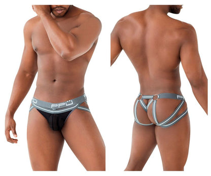 Ppu 2305 mesh jockstrap in gray with black and gray briefs featuring a mesh front panel and elastic waistband