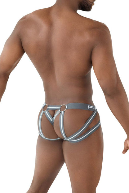 Gray and white mesh strappy men’s briefs with harness-style design ppu 2305 jockstrap color gray