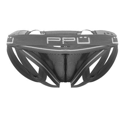Gray ppu 2305 mesh jockstrap with supportive structured design and silver trim accents in men’s breathable briefs