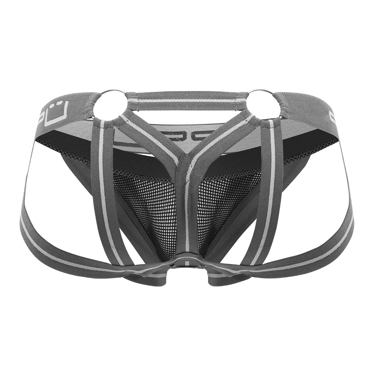 Ppu 2305 mesh jockstrap in gray featuring gray and black mesh briefs with a supportive strappy design and reflective stripes