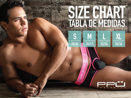 Ppu 2305 mesh jockstrap in gray with pink and black athletic briefs featuring a bold contrasting design